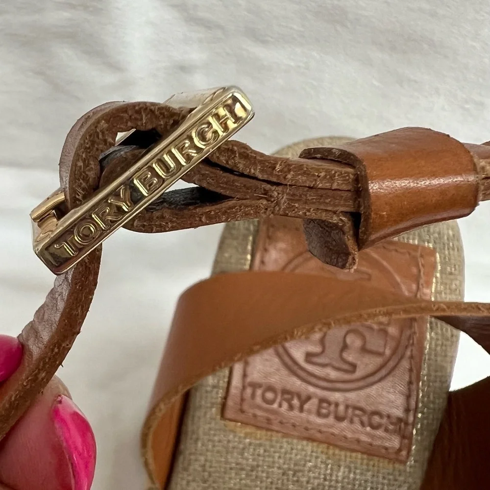 Tory Burch gold canvas wedge espadrilles with camel colored leather ankle strap - Picture 9 of 9